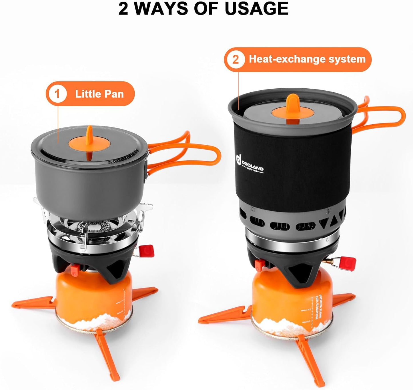 Odoland Heat Exchange Camping Pot with Backpacking Stove 7-In-1 Camping Cookware Mess Kit for Hiking, Trekking, Fishing and Picnic