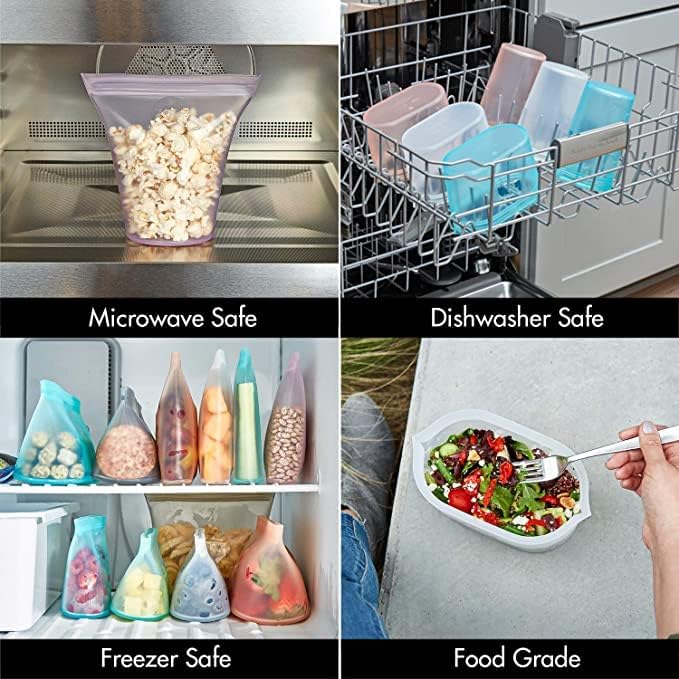 Zip Top Reusable Food Storage Bags | 3 Bag Set [Teal] - 3 Sandwich, 3 Snack | Silicone Meal Prep Container | Microwave, Dishwasher and Freezer Safe | Made in the USA