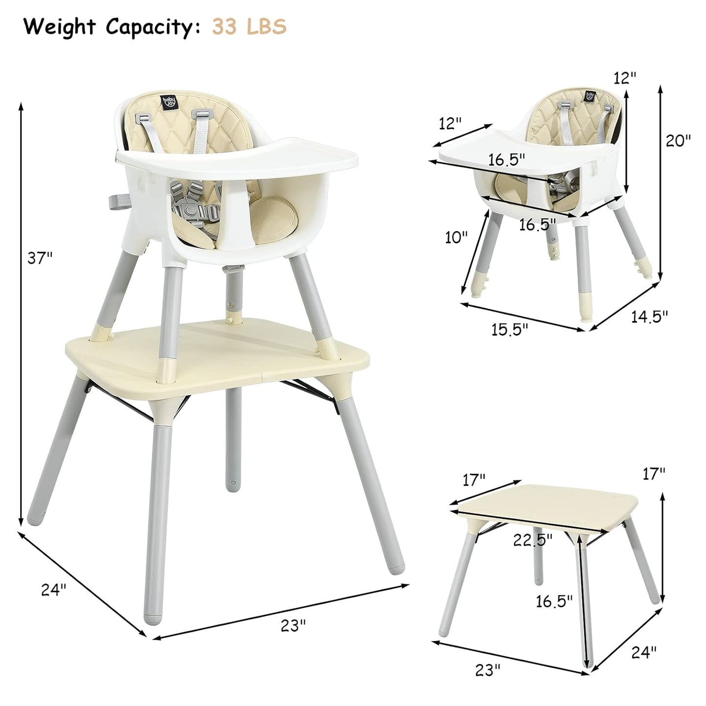 HONEY JOY 5-in-1 High Chair, Convertible Highchair for Babies and Toddlers/Kids Chair Table Set/Infant Feeding Chair w/Safety Harness, PU Leather Cushion & Removable Food Tray (Beige)