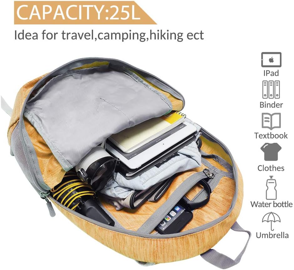 ZOMAKE 25L Ultra Lightweight Packable Backpack, Foldable Hiking Backpacks Water Resistant Small Folding Daypack for Travel(Muddy Yellow)