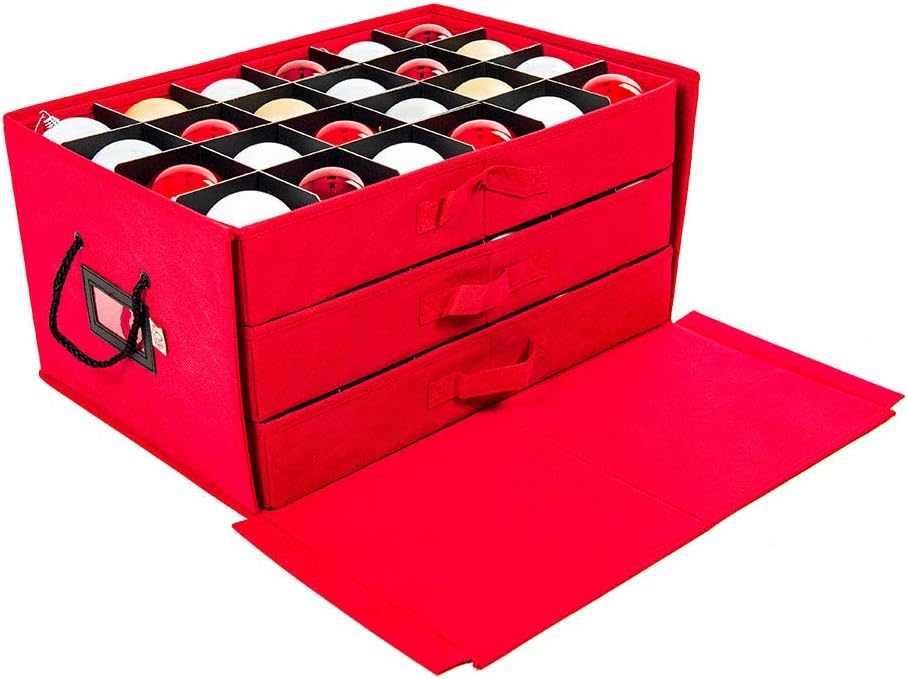 [Christmas Ornament Storage Box with Dividers] - (Holds 72 Ornaments up to 3 Inches in Diameter) | Acid-Free Removable Trays with Separators | 3 Removable Drawer Style Trays