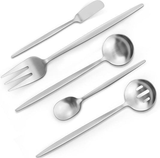 Matte Serving Silverware Set, 5-Piece Round Shared Utensils Set of Stainless Steel, Hostess Flatware Serving Set, Satin Finish, Dishwasher Safe