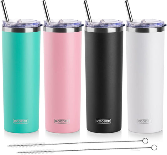 koodee 20 oz Skinny Tumblers (4 Pack) Stainless Steel Insulated Tumbler with Lids, Straws and Straw Brushes（Teal/Pink/Black/White）