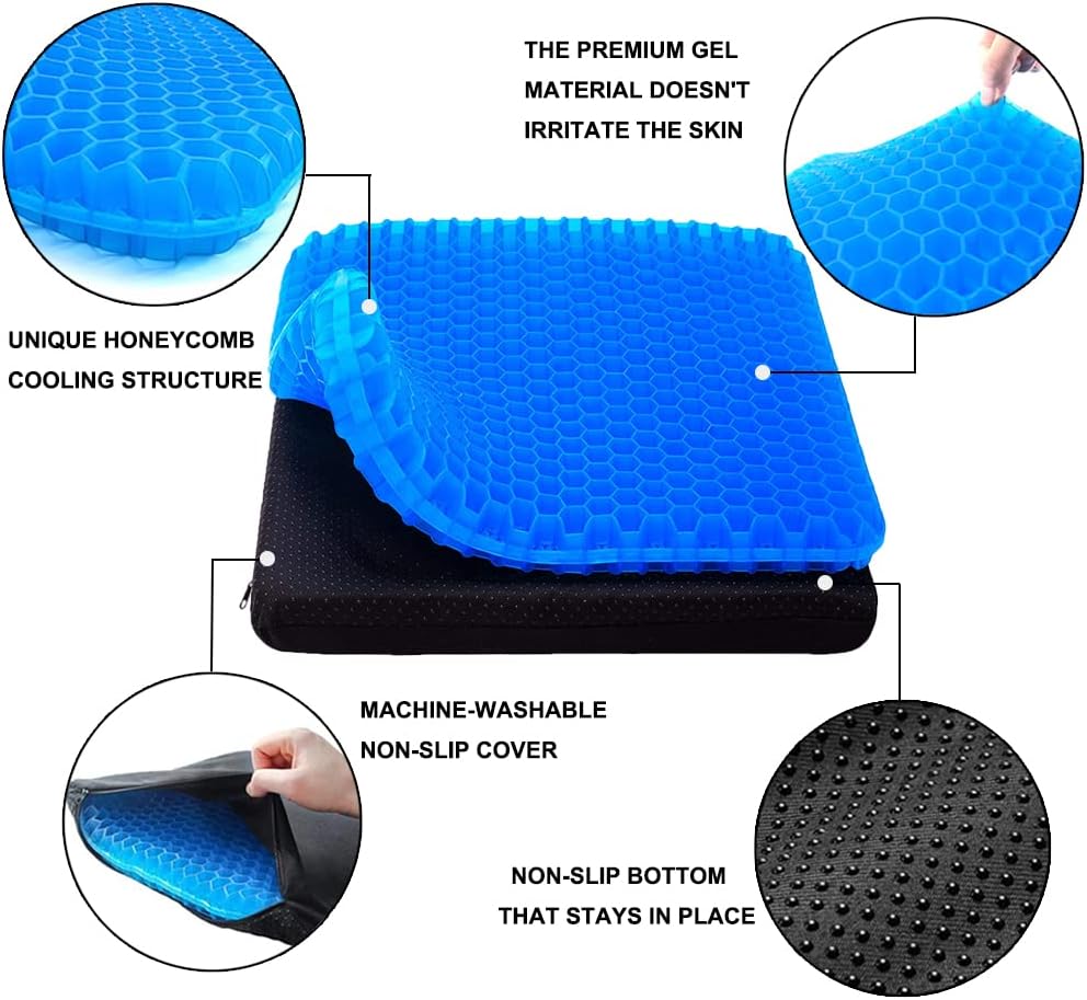 Gel Seat Cushion, Office Seat Cushion Chair Pads for Office Home Car Wheelchair Long Trips - Extra Thick Gel Cushion for Pressure Sores, Tailbone, Back, Sciatica Pain Relief (Extra Thick, Blue)