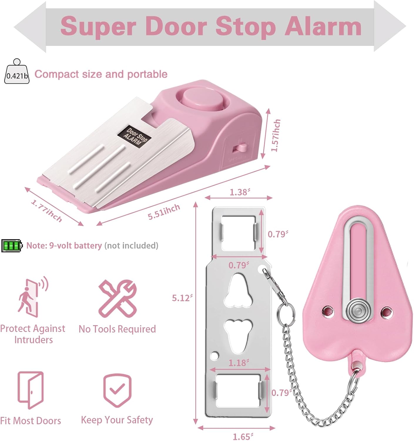 Portable Door Lock & Door Stop Alarm Set, Dual Protection Home Security Door Kit, Travel Hotel Door Lock Devices Pocket Self Defensey Tools for Traveling Hotel Home Apartment,Pink