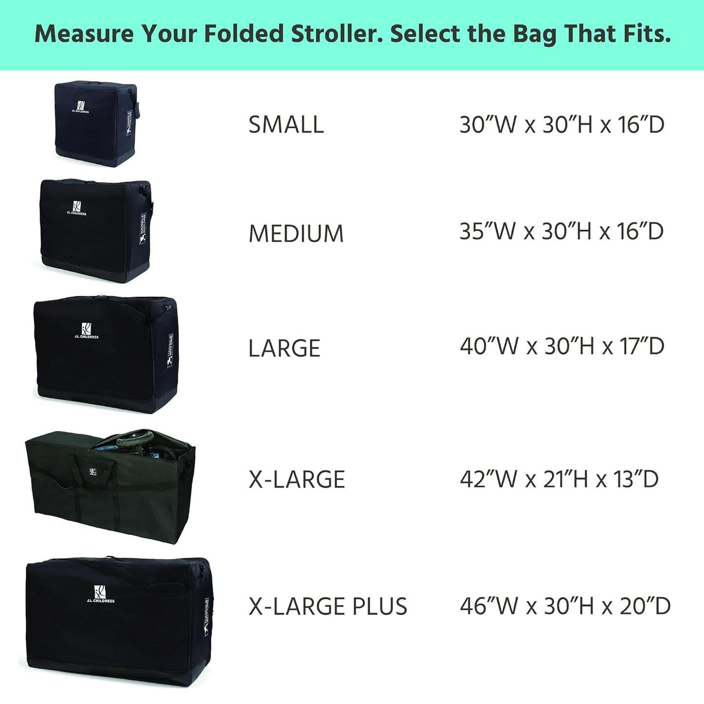 J.L. Childress Universal Stroller Travel Bag for Airplane - Fits Most Baby Strollers, Flying Essentials, Airport Accessories for Gate or Luggage Check, AirTag Compatible - X-Large PLUS, Unpadded