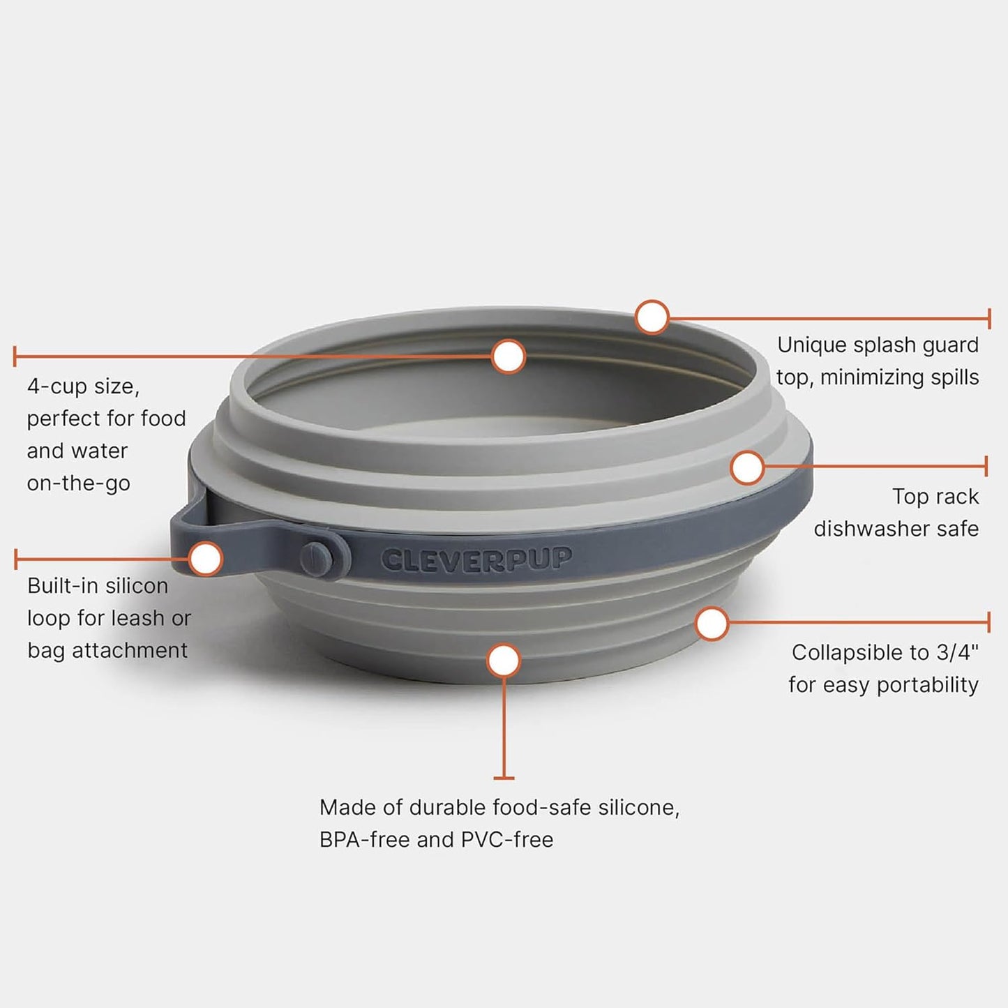 Nomad Large Collapsible Dog Bowl - 4 Cup Food-Safe Silicone Travel Bowl for Dogs, Portable & Sturdy, Food/Water, Dishwasher Safe - Grey
