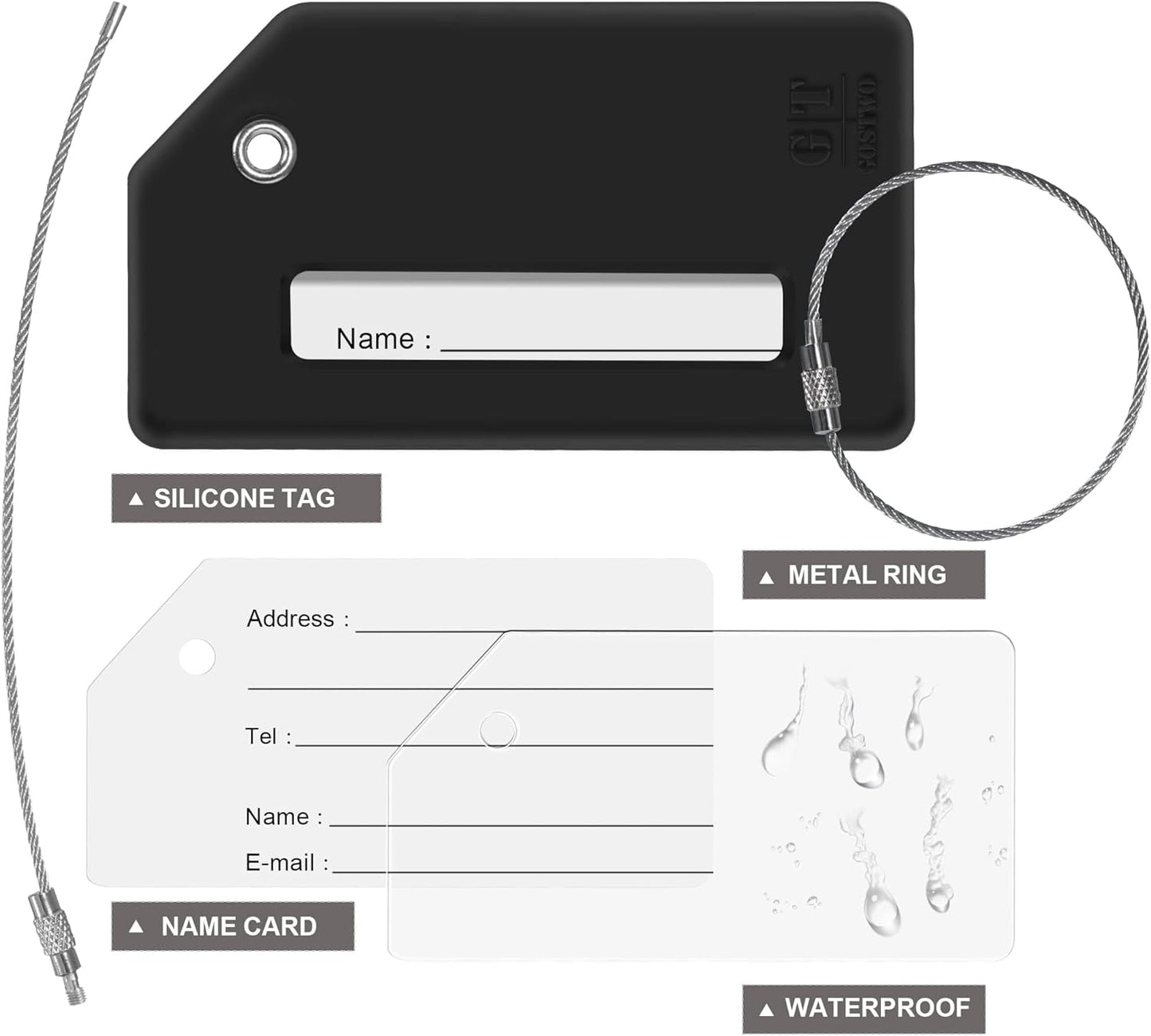 8 Pcs Luggage Tags for Suitcases, 26 Initial Letter Travel Luggage Baggage Identification Labels ID Tags Fully Bendable Tags with Stainless Steel Loop (Letter W, Black)