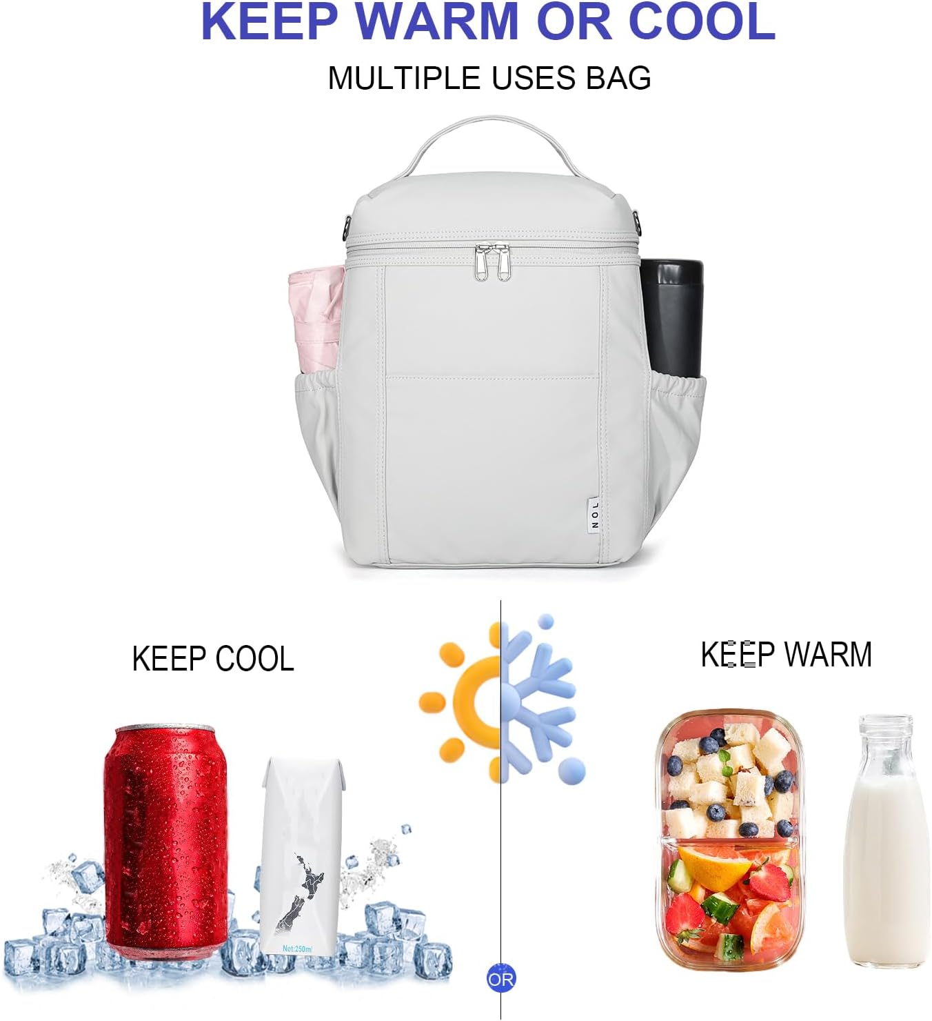 NOL Natural Organic Lifestyle Insulated Lunch Bags for Women Cooler Bag Lightweight Nylon Waterproof Lunch Box For Work (Gray White, Large)