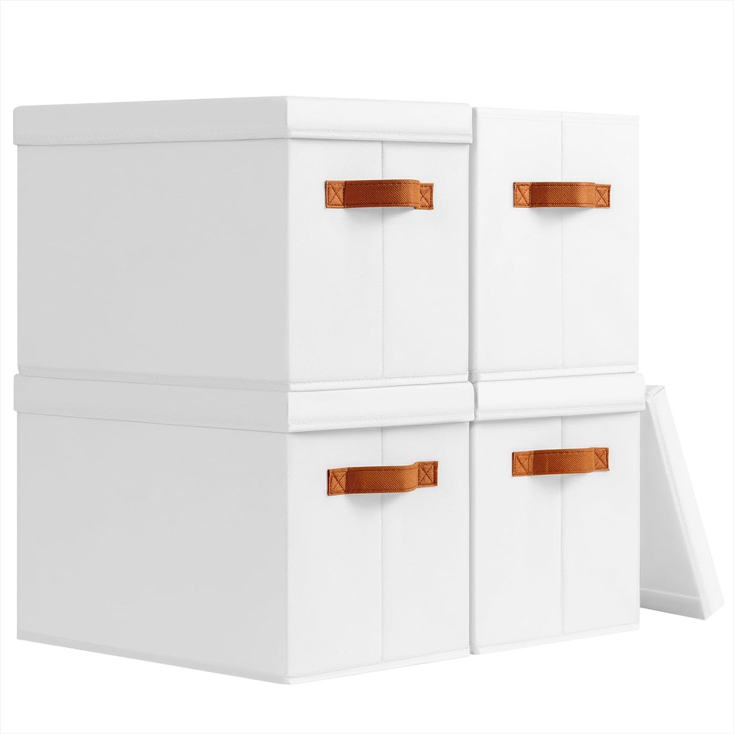 Storage Bins with Lids - Fabric Storage Baskets for Shelves, 4 Pack Foldable Decorative Boxes with Handles, Stackable Organizer Bins for Home, Nursery, Dorm, White