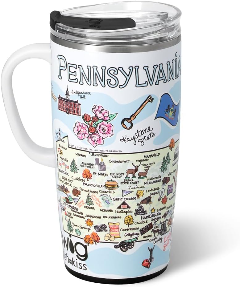 Swig Life 22oz Travel Mug, Insulated Tumbler with Handle and Lid, Travel Coffee Mug, Cup Holder Friendly, Stainless Steel 22 oz Tumbler, Reusable Insulated with Lid (Pennsylvania)