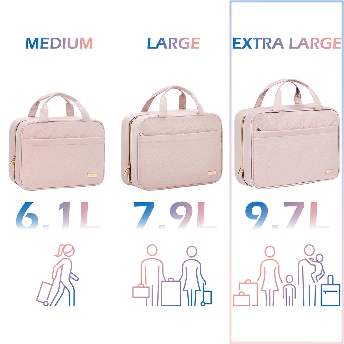 NISHEL Travel Toiletry Bag for women, Portable Hanging Organizer for Family-Sized Shampoo, Conditioner, Brushes Set, Makeup Accessories, Extra Large Size, Pink