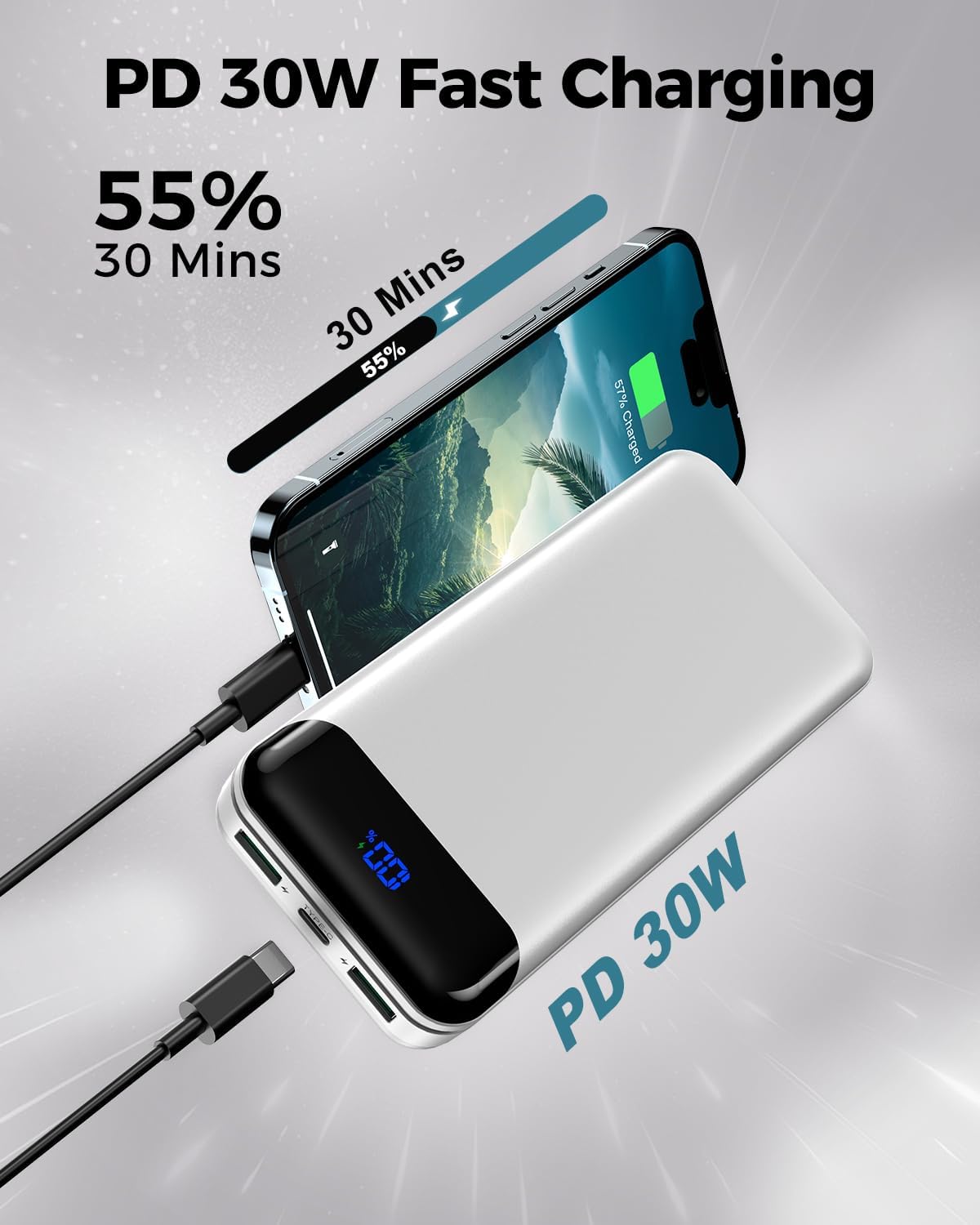 Portable Charger Power Bank 40000mAh Powerbank PD 30W and QC 4.0 Fast Charging External Battery Pack with USB-C LED 3 Outputs & 2 Inputs Portable Charging for iPhone 15 14 13 (White)