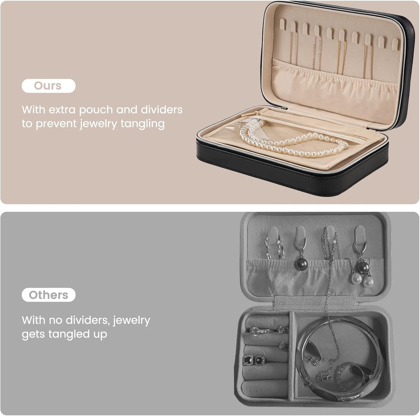 Lolalet Travel Jewelry Case for Women, Travel Jewelry Organizer Box with Mirror & Clear Storage Bag, Small Portable Traveling Earring Necklace Bracelet Ring Case, Bridesmaid Gifts -Medium, Black