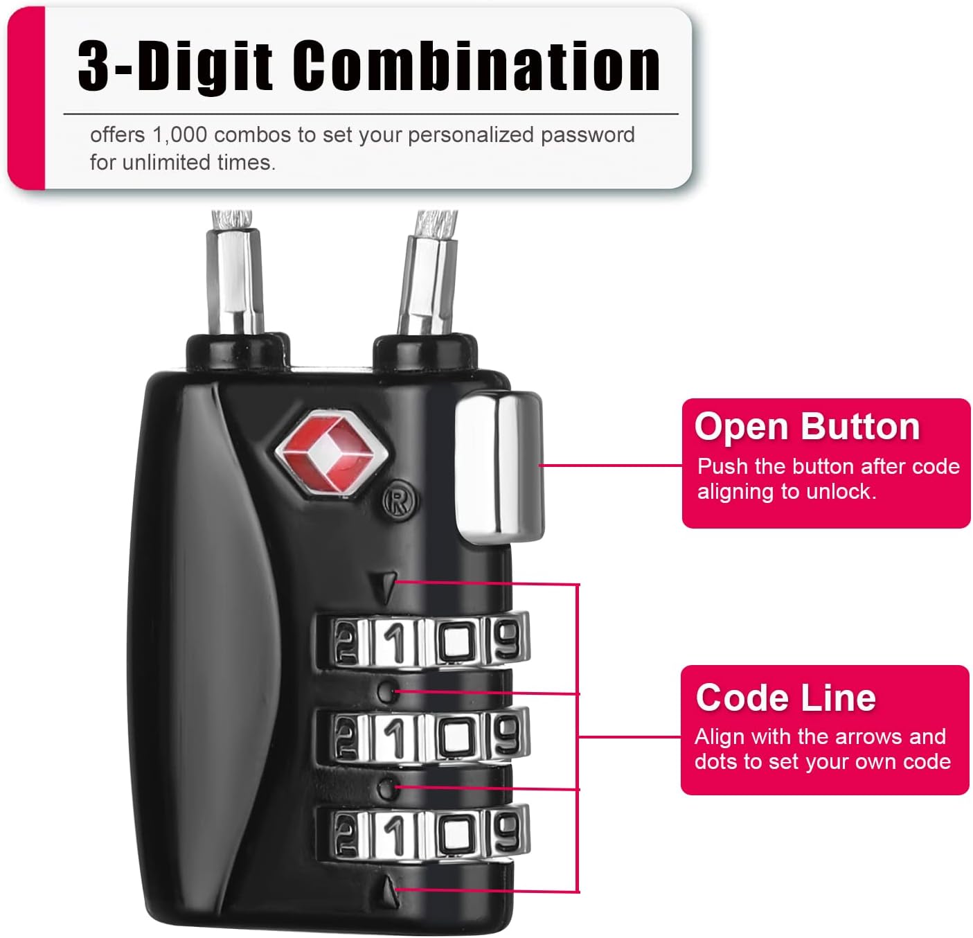 ZHEGE Luggage Lock TSA Approved 3 Digit Travel Cable Padlock with Alloy Body for Suitcase, Baggage, Backpack, Pistol Case (Black)