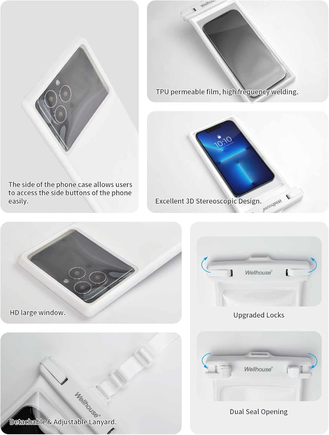 wellhouse Waterproof Phone Pouch, Waterproof Phone Case for iPhone 16 15 14 13 12 Pro Max XS Samsung, IPX8 3D Cellphone Dry Bag Beach Essentials (1 Pack - White8.0, 8 inch)