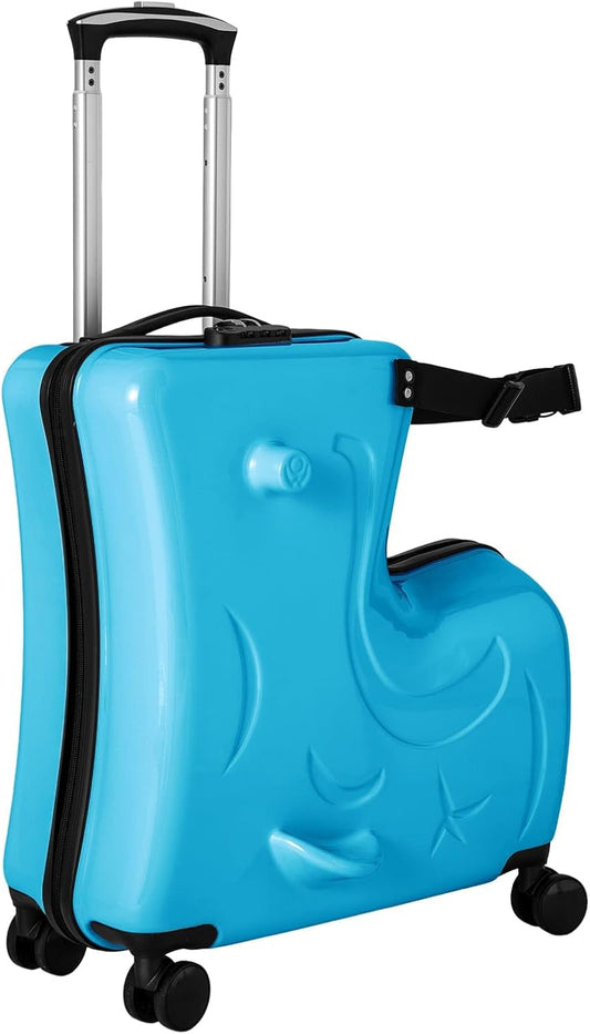 20 Inch Children's Ride On Trolley, Toddler Luggage Seat Ride with Lock, Kid's Ride-on Travel Suitcase with Spinner Wheels, Kids Travel Trolley Riding Luggage Suitcase for Boys Girls Gift, Blue