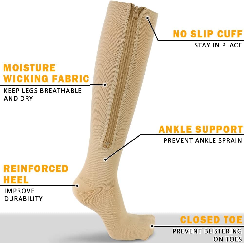 CASMON 2 Pairs Zipper Compression Socks for Women & Men, 15-20 mmHg Closed Toe Knee High Support Sock with Zipper for Varicose Vein Edema
