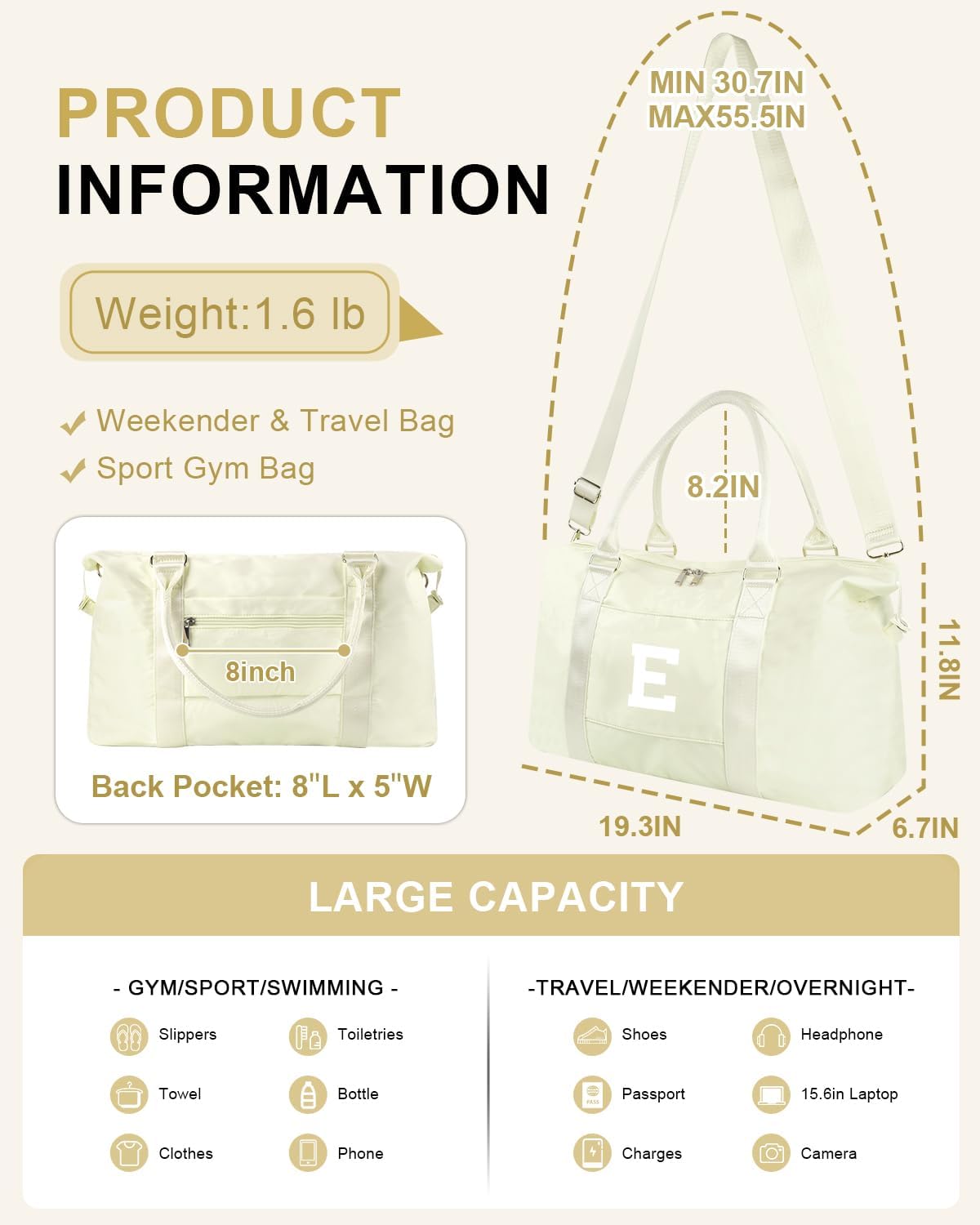 Initial Travel Duffel Bag Sports Gym Bag for Kids Teen Birthday Gifts,Beige Personalized Weekender Bag Carry On Dance Bags for Women Men,Waterproof Monogram Overnight Bag with Trolley Sleeve(Letter E)