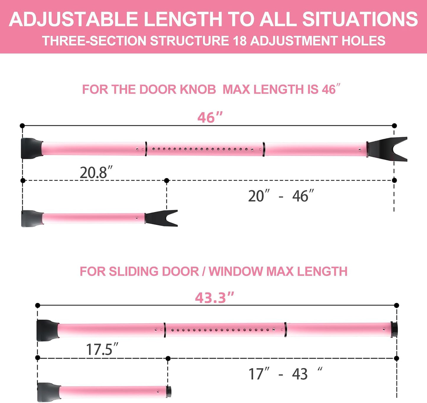 Rerishom Door Security Bar, Door Stoppers Security bar,Heavy Duty Door Lock Security Door Jammer Door Stopper for Apartment, Hotel Room,Screen Door Hardware, Gate Lock Bar(2 Pack,Pink)