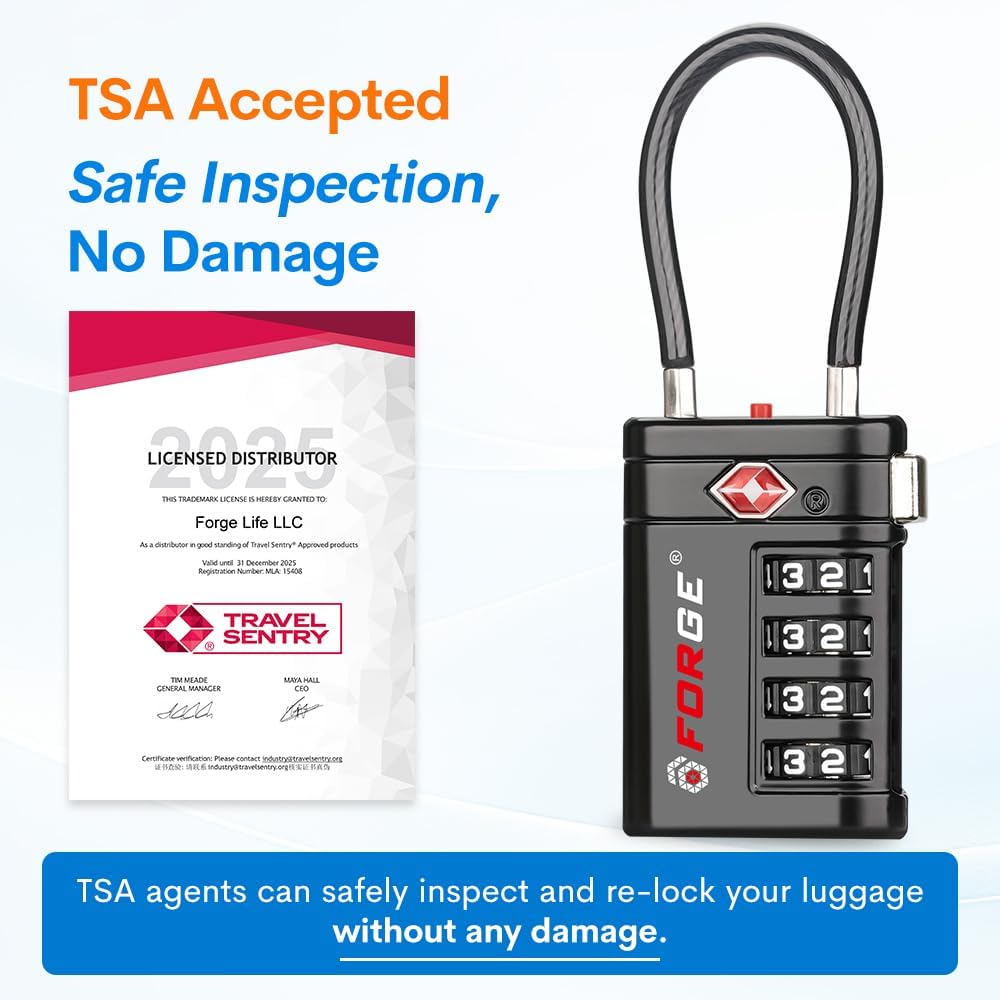 Forge TSA Approved Luggage Locks 4 Digit Combination TSA Travel Locks with TSA008, Open Alert Indicator, Zinc Alloy Body for Luggage, Suitcase, Backpack, and More. Black 6 Locks.
