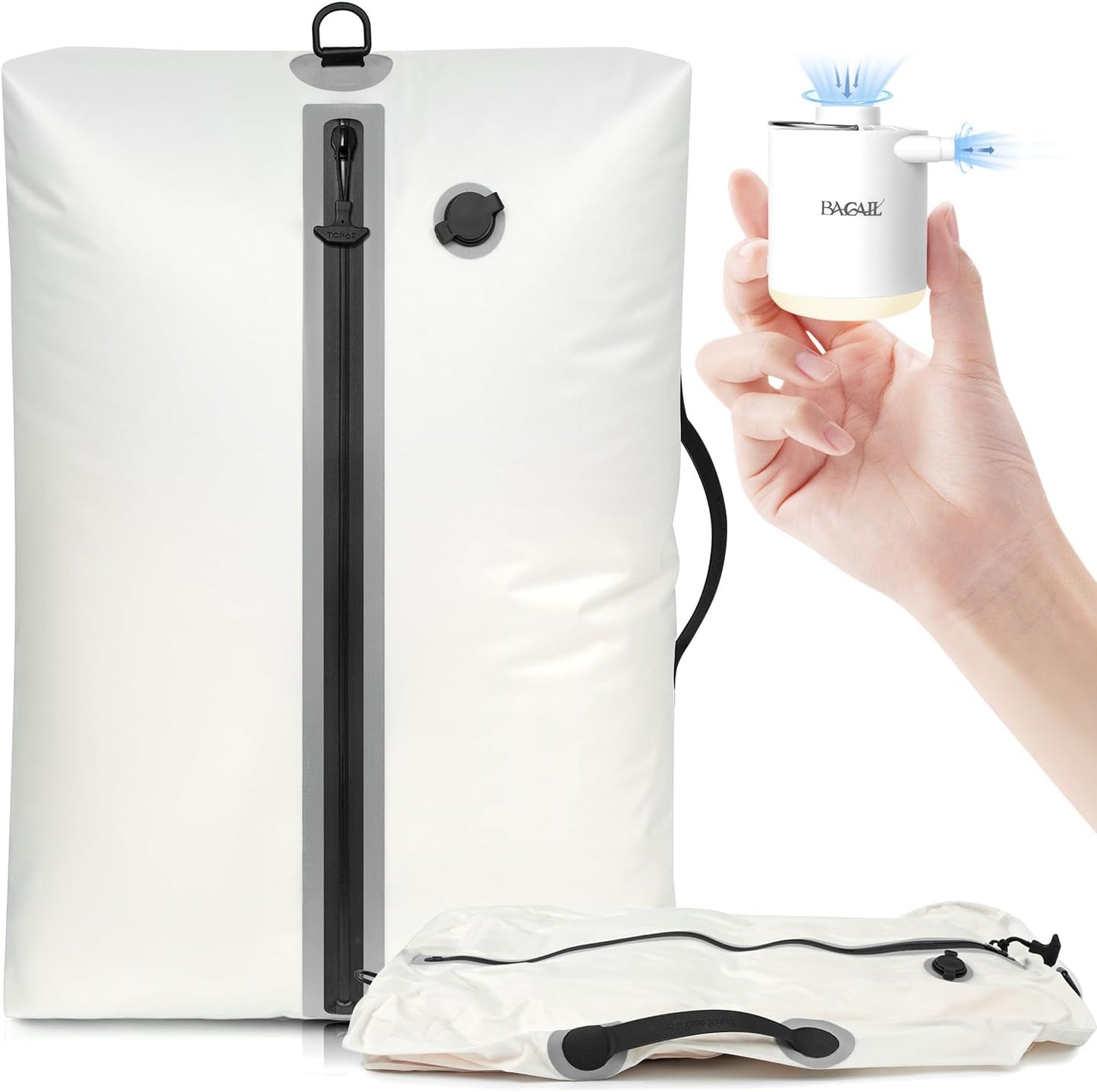 BAGAIL TPU Vacuum Bag for Travel, Reusable Compression Bag with IPX8 Waterproof Zipper, Save Space for Suitcase, Backpack and Carry on (White, ExtraLarge, With Pump)