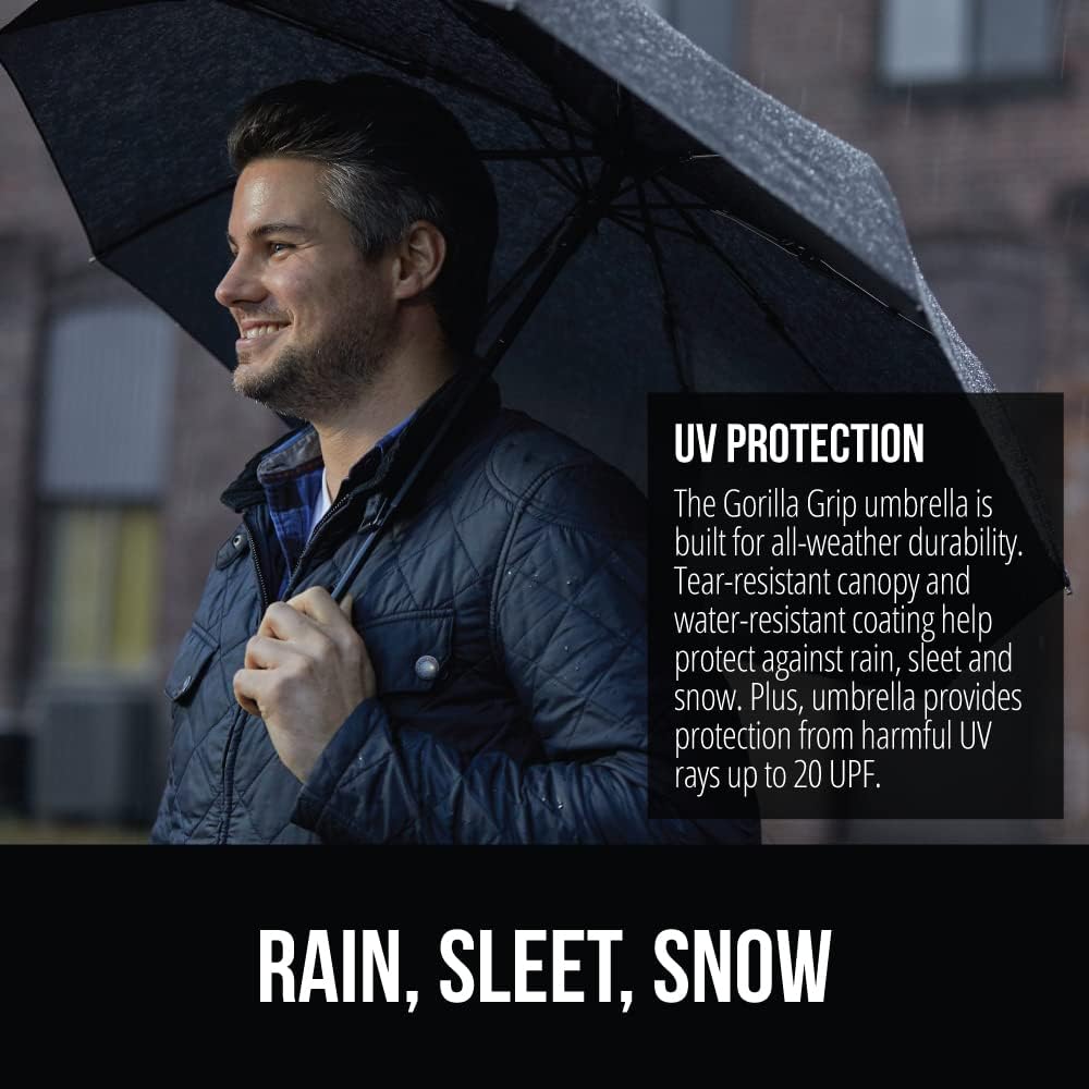 GORILLA GRIP Windproof Compact Stick Umbrella for Rain, Travel One-Click Automatic Open and Close, Strong, Lightweight, Stocking Stuffer, White Elephant Holiday Gift, Portable, Easy Collapsible, Black