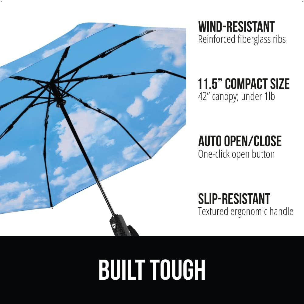 GORILLA GRIP Strong Stick Umbrella for Rain, Compact Travel One-Click Automatic Open Close, Lightweight, Portable, US Designed Reinforced Fiberglass Ribs, Wind Resistant, Easy Collapse, Sky Blue