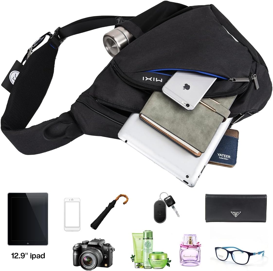 mixi Sling Bag Men Backpack Unisex One Shoulder Bag Hiking Travel Backpack Crossbody with USB Port for Men Women Versatile Casual Daypack-20 inch,Black