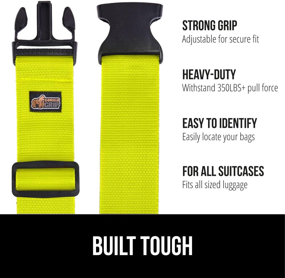 GORILLA GRIP Heavy Duty 4 Pack Adjustable Luggage Straps for Suitcases, Easy to Identify Travel Belt Connector Holds Suitcase Together, Extends Life of Bag, Strap Connects Two Bags, Accessories Yellow