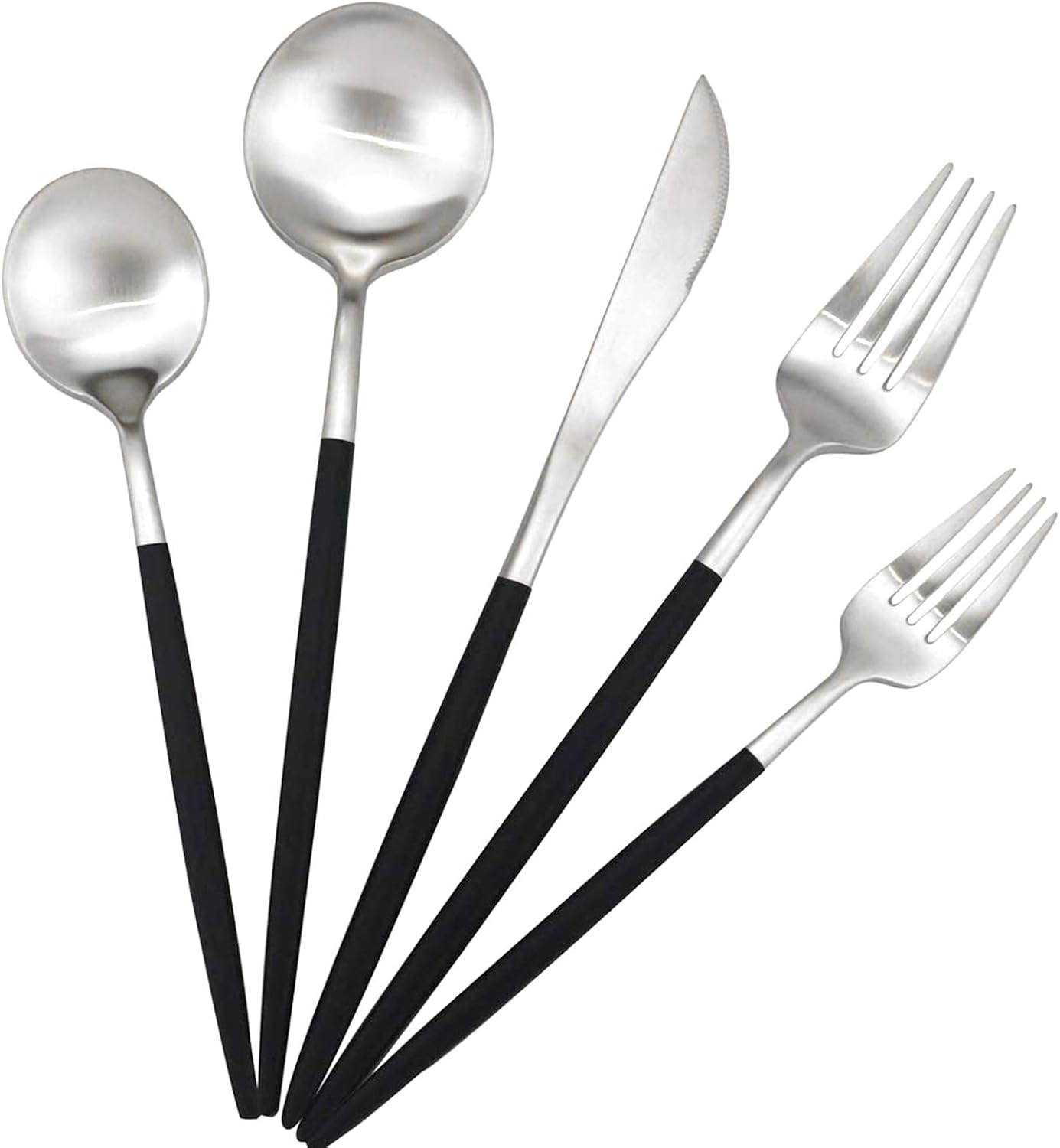 Gugrida Black Handle Matte Silver Silverware Set - 5-Piece 18/10 Stainless Steel Satin Finish Flatware, Kitchen Utensils, Tableware Travel Cutlery for Camping Office Lunch - Dishwasher Safe