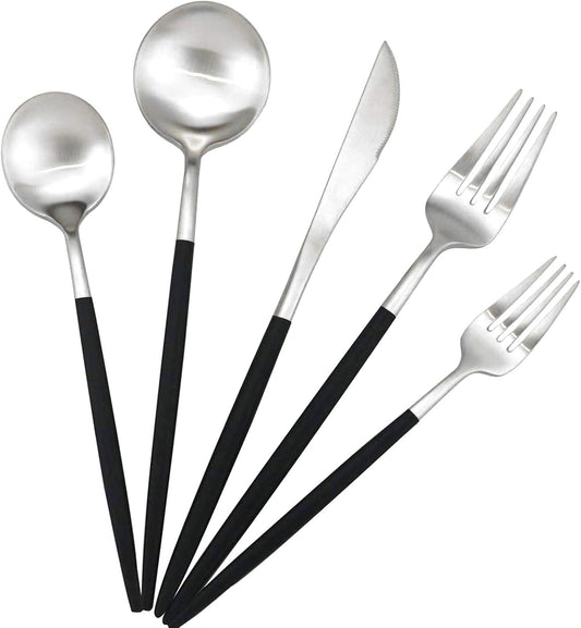 Gugrida Black Handle Matte Silver Silverware Set - 5-Piece 18/10 Stainless Steel Satin Finish Flatware, Kitchen Utensils, Tableware Travel Cutlery for Camping Office Lunch - Dishwasher Safe