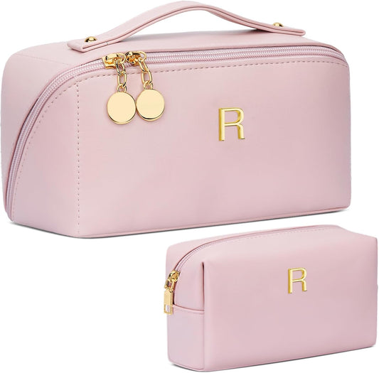 Birthday Gifts for Women Teen Girl, Personalized Initial Makeup Organizer Bag Set, Open Flat Travel Cosmetic Bag With Clear Divider and Handle(Pink,R)