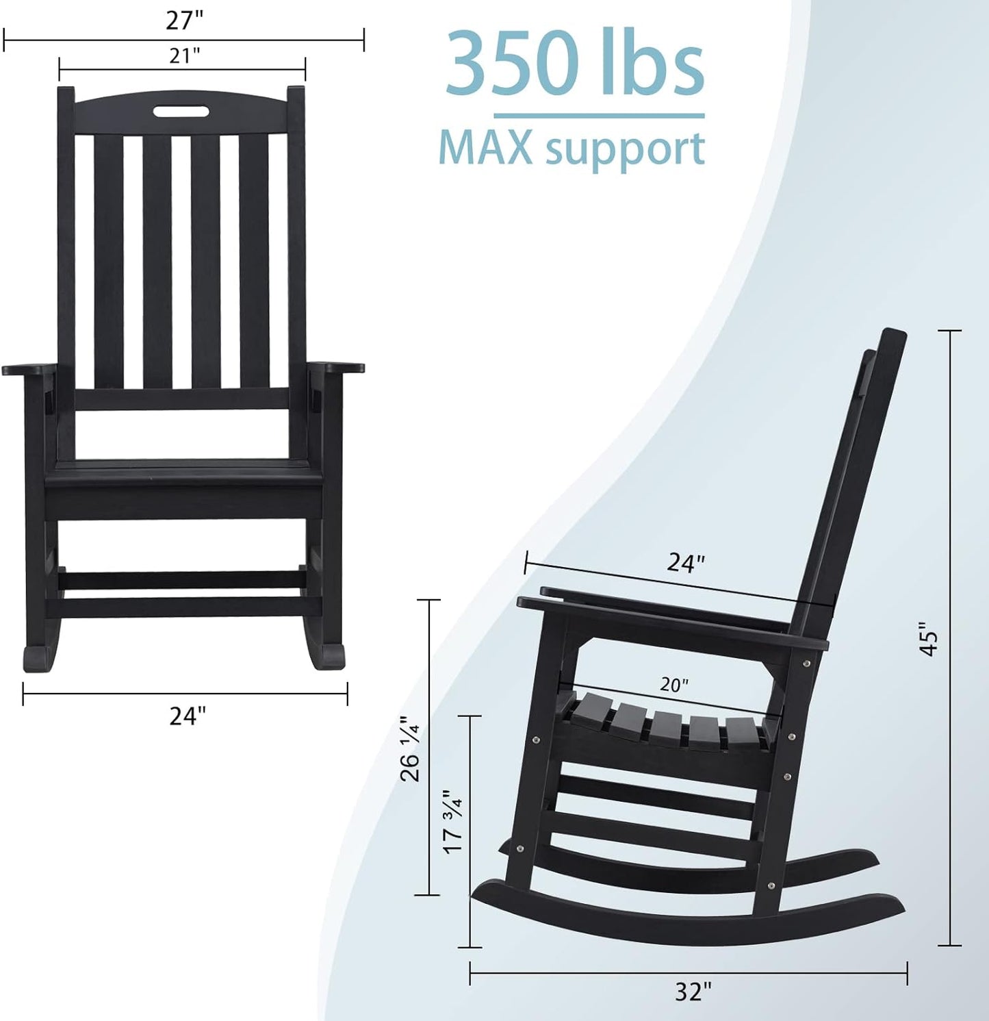 Psilvam Oversized Outdoor Rocking Chair, with 21" Wide Seat and 32" Tall Backrest, Pre-Assembled with Most Components for Effortless Installation (Carbon Black)