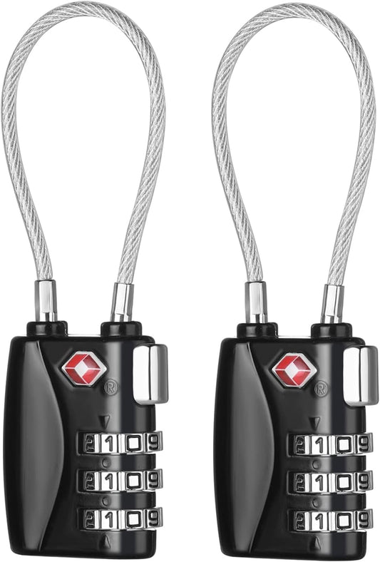ZHEGE TSA Cable Luggage Lock Small Padlock for Suitcase, Baggage, Backpack, Pistol Case (2 Pack, Black)