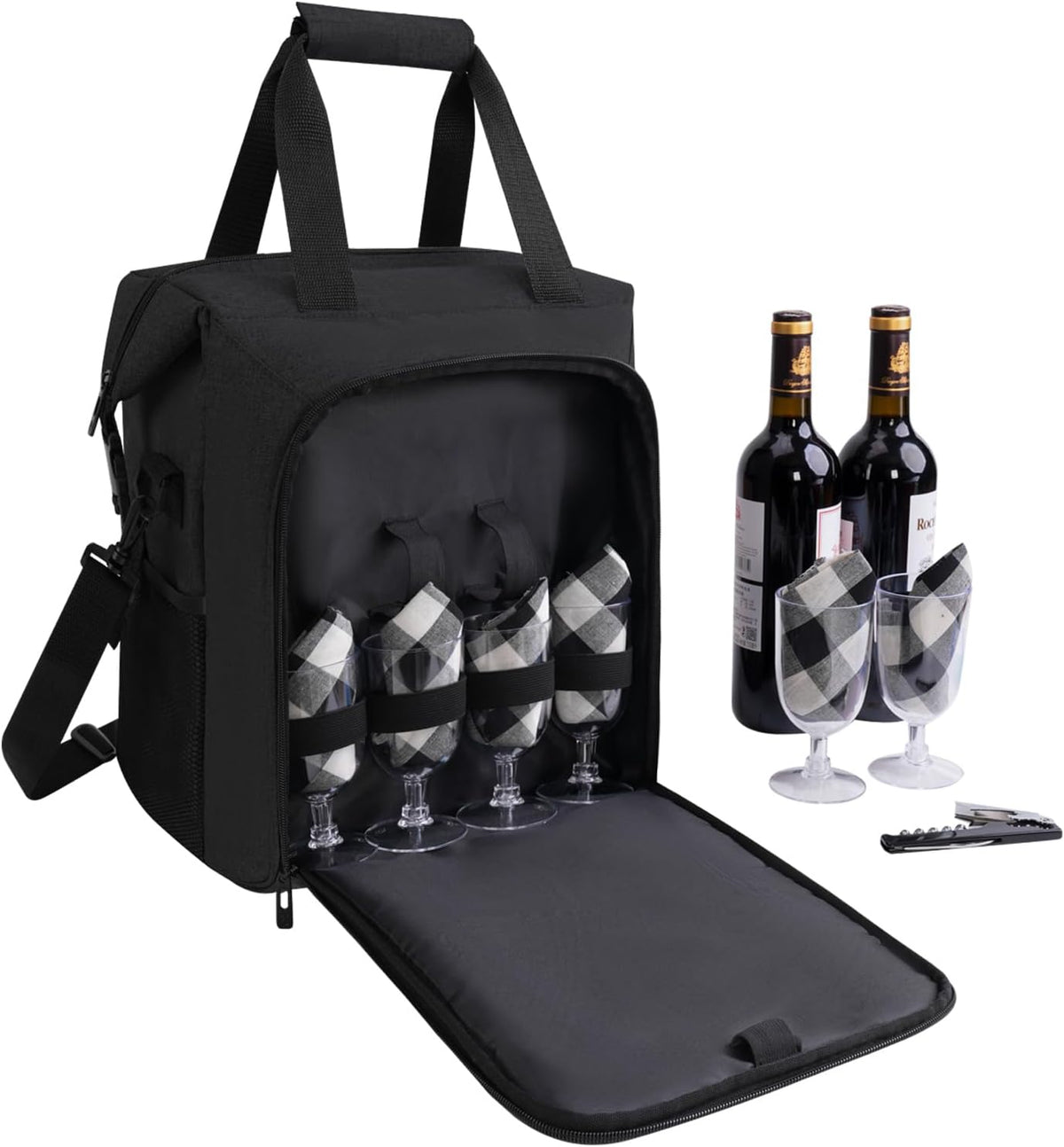ALLCAMP 6 Bottle Wine Gift Bag - Insulated Tote Cooler, Adjustable Strap, Includes 6 Wine Glasses, Napkins & Corkscrew, Portable Travel Gifting(Black)