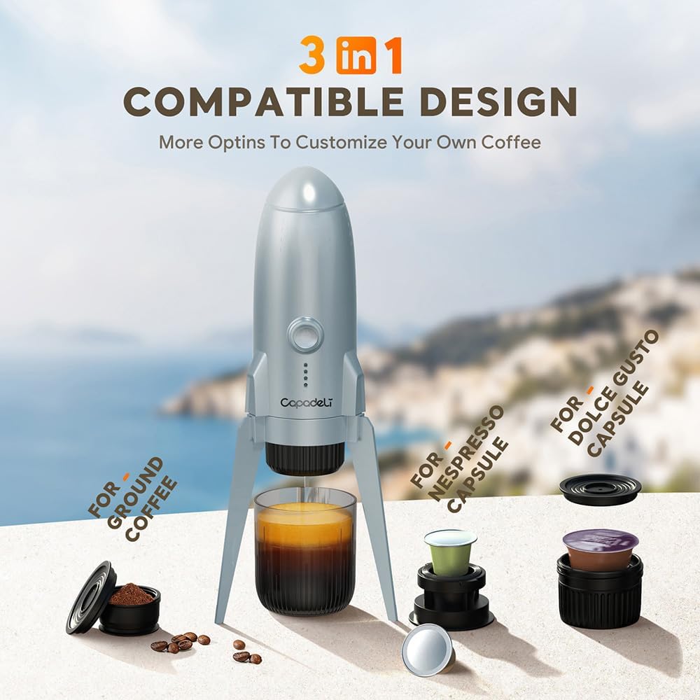 3 in 1 Portable Espresso Machine On the Go, Self-Heating Electric Espresso Maker, 19 Bar Mini Coffee Maker For Travel Camping & Hiking For Ground Coffee & N ESPRESSO/DolceGusto Pod, Bright White