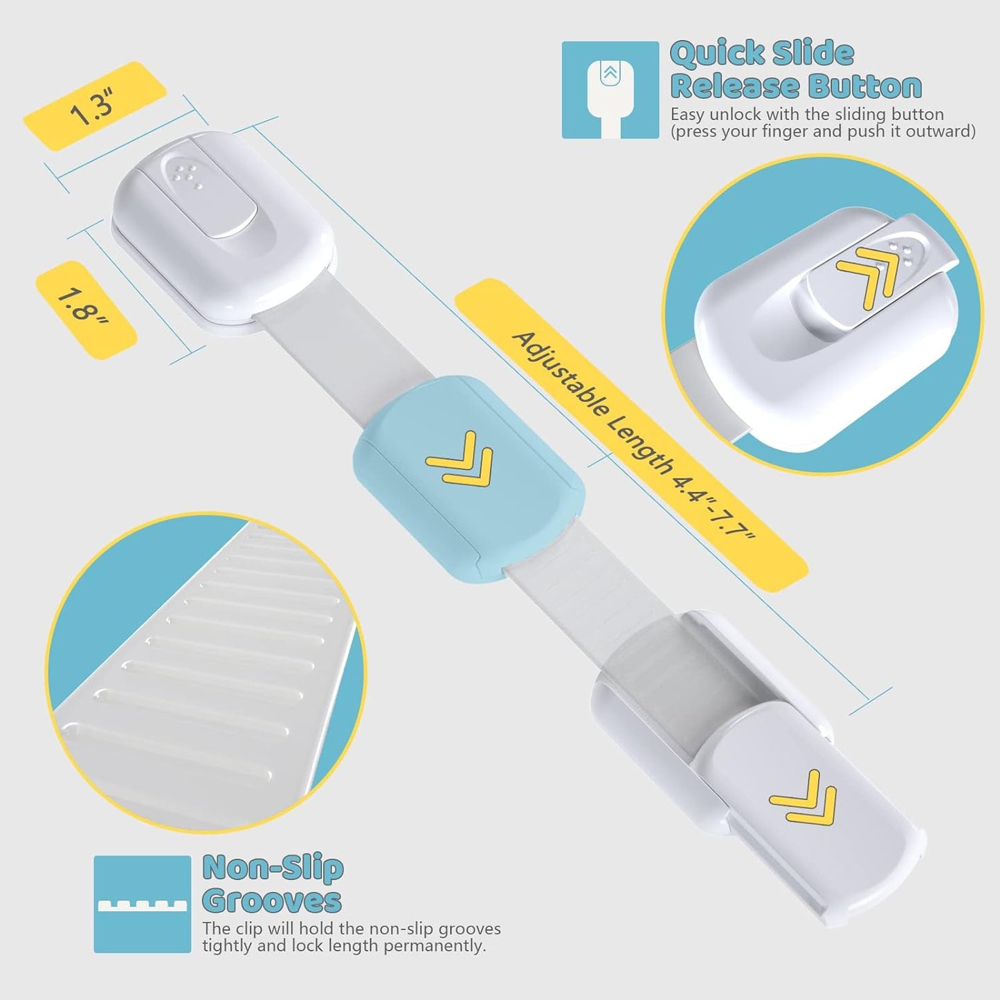 4our Kiddies Child Safety Cabinet Locks for Babies (6 Pack), Child Proof Latches for Cabinets and Drawers Doors, Baby Proofing Cabinet Strap Locks for Cupboard and Closet with 6 Pcs Extra 3M Adhesives