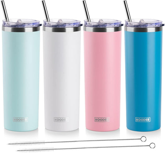 koodee 20 oz Stainless Steel Skinny Tumblers (4 Pack) Double Wall Insulated Water Tumbler Cup with Straw, Lids and Straw Brushes (Baby blue/White/Pink/Sky Blue)