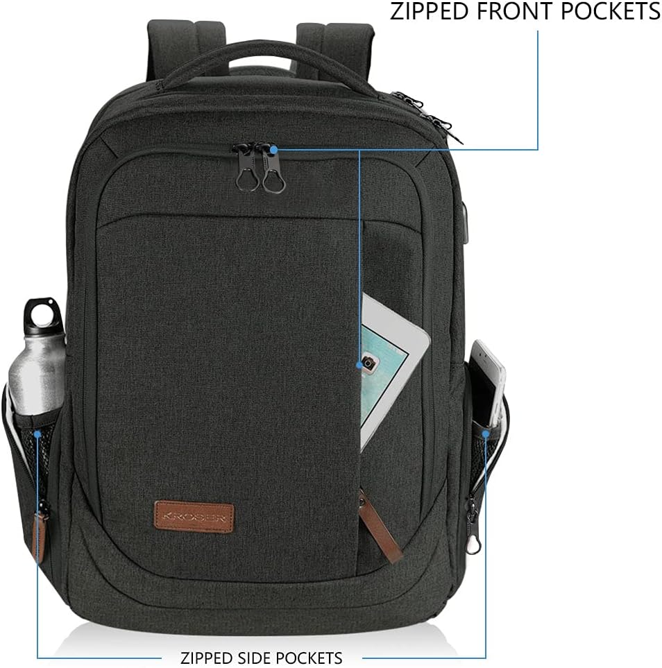 KROSER Laptop Backpack Large Computer Backpack Fits up to 17.3 Inch Laptop with USB Charging Port Water-Repellent Travel Backpack Casual Daypack for Business/College/Women/Men-Charcoal Black