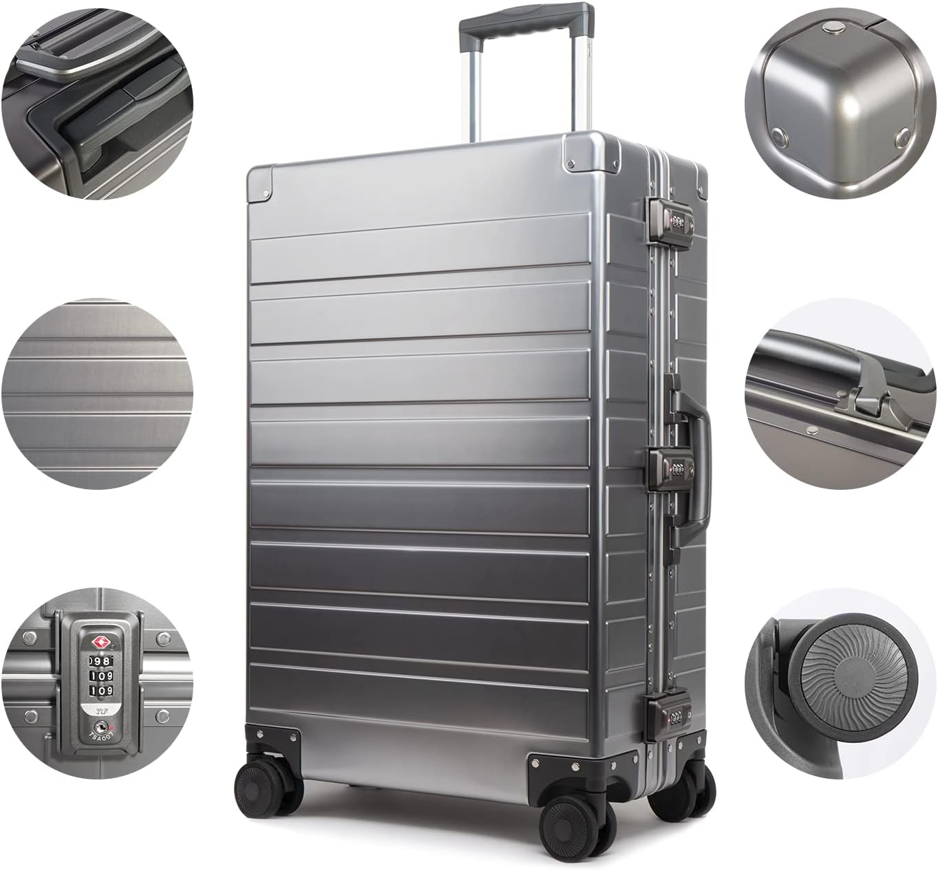 TRAVELKING All Aluminum Luggage with TSA Locks Metal Hard Shell Zipperless Spinner Alloy Metal Suitcase (Cool Metallic, 24 Inch)