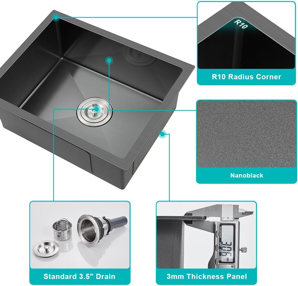 24x18 Inch Undermount Kitchen Sink Nano Black,18 Gauge Stainless Steel Single Bowl Kitchen Sink 9 Inch Deep Bowl Sink Undermount, 24"x18"x9"