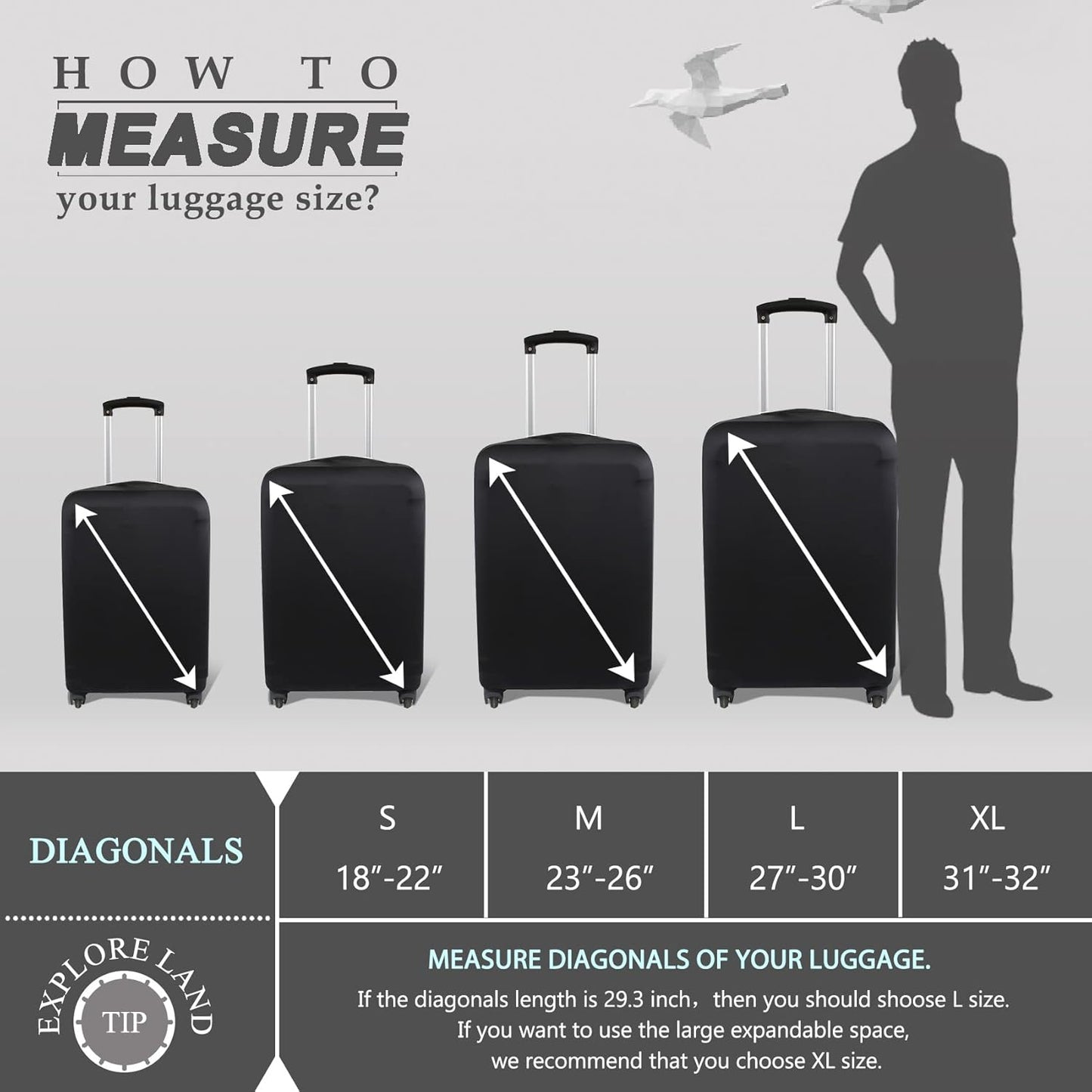 Explore Land Travel Luggage Cover Suitcase Protector Fits 27-30 Inch Case (Black, L)