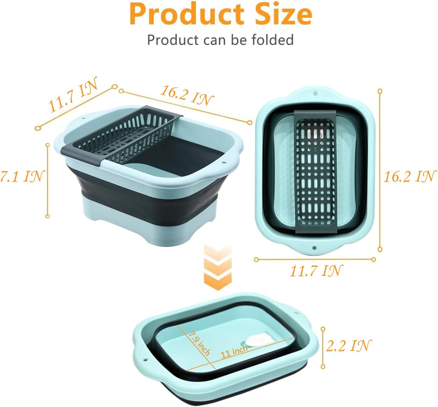 2.98 Gallon (11.28L) Collapsible Dish Basin with Drain Plug, Outdoor Multiuse Foldable Sink Tub, Dishpan, Wash Basin, Portable Kitchen Storage Tray for Camping, RV, Beverage Bucket (Yellow)