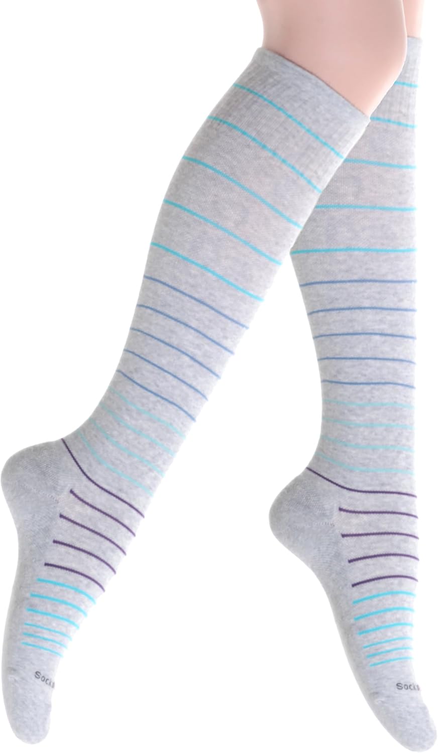 Cotton Compression Socks for Women & Men. 15-20 mmHg Support Knee-High Misty Gray Stripes S/M