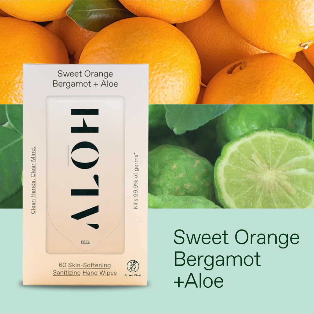 ALŌH Sweet Orange Bergamot + Aloe Sanitizing Hand Wipes - Clean Hands, Clear Mind - On The Go Hand Sanitizer Wipes for Kids and Adults - Travel Size (6 Pack, 20ct Wipes)