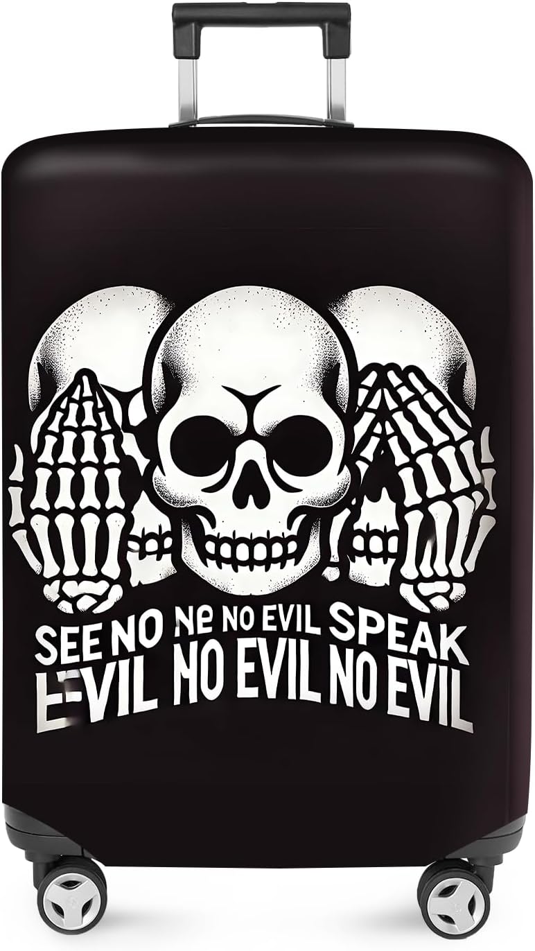 ANNA QUEEN Gothic Skull Luggage Cover, “See No Evil, Hear No Evil, Speak No Evil” Skeleton Design, Stretchable, Washable Suitcase Protector for 24-26 Inch Travel Suitcases