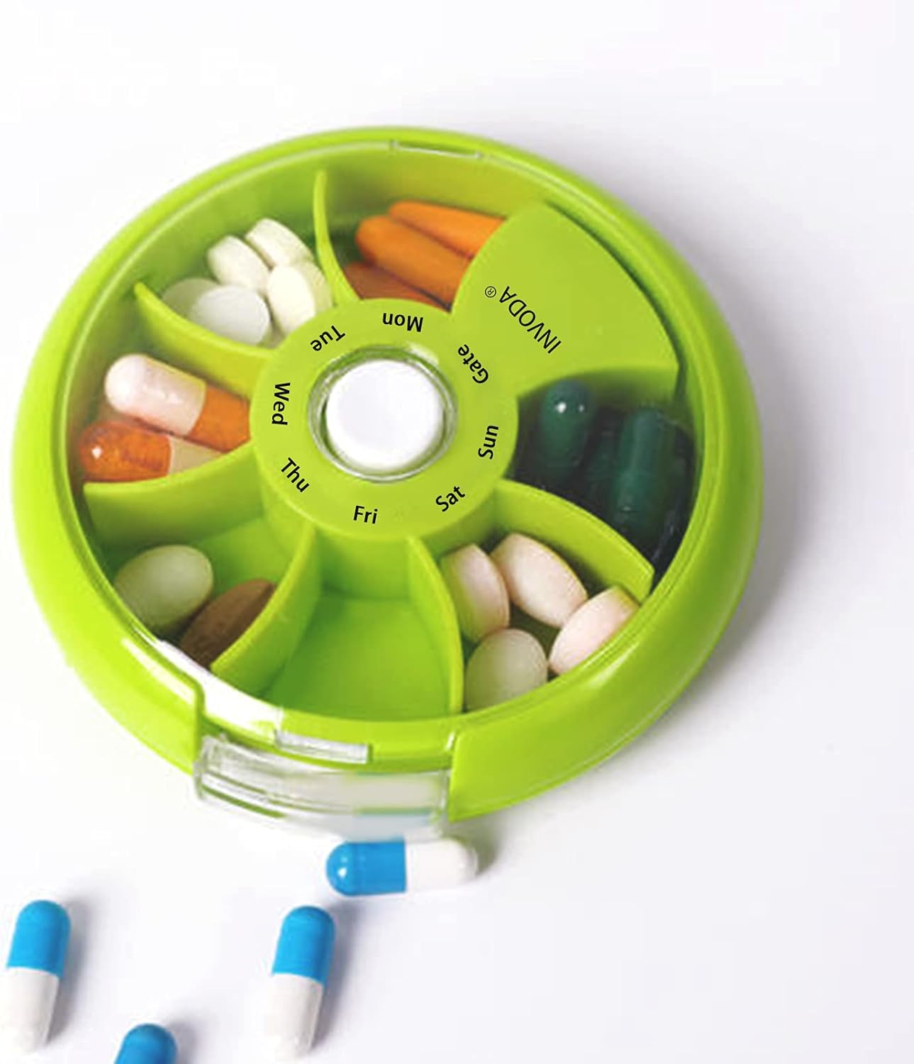 INVODA Weekly Pill Organizer 7 Compartment Rotating Pill Box for Daily Medication & Vitamins - Portable Travel Pill Case Fish Oil Supplements Vitamins Organizer (Green+Bag)