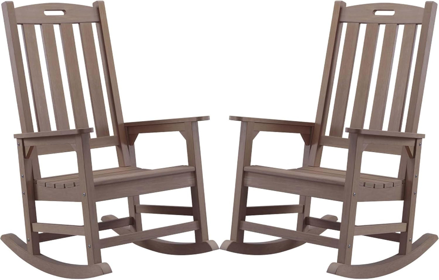 Psilvam Oversized Outdoor Rocking Chair Set of 2, Porch Rocker with 21" Wide Seat and 32" Tall Backrest, Pre-Assembled with Most Components for Effortless Installation (Brown)