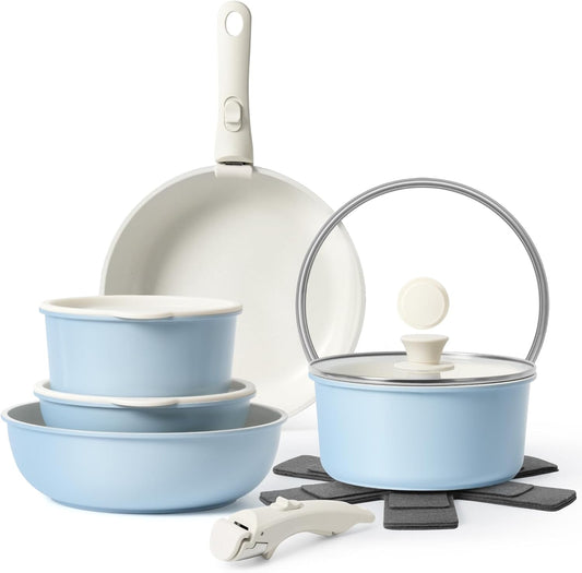 15Pcs Pots and Pans Set Non Stick, Cookware Sets with Detachable Handle, Nonstick RV Kitchen Cooking Tools Removable Handles, Oven Safe, Induction Fast, Stackable Induction Cookware, Blue